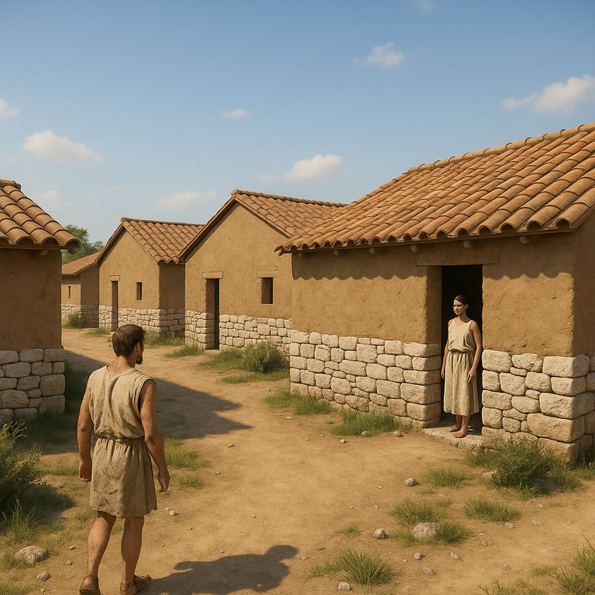 Ricostruzione ideale di un abitato di età ellenistica (generata con intelligenza artificiale).